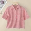 ZANZEA Women Turn Down Collar Summer Short Sleeve Stripe Blouse