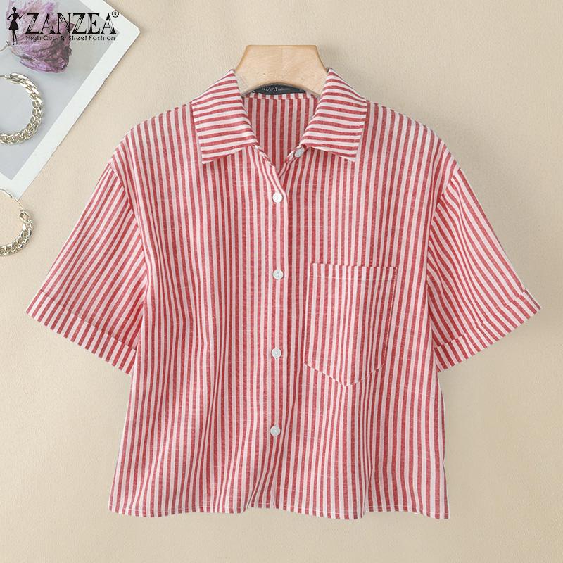 ZANZEA Women Turn Down Collar Summer Short Sleeve Stripe Blouse