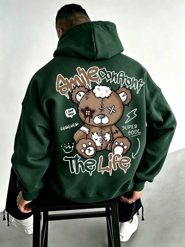 American Style Trendy Patched Stuffed Bear Sweatshirt with Back Print and Hooded Casual T-shirt for Both Men and Women