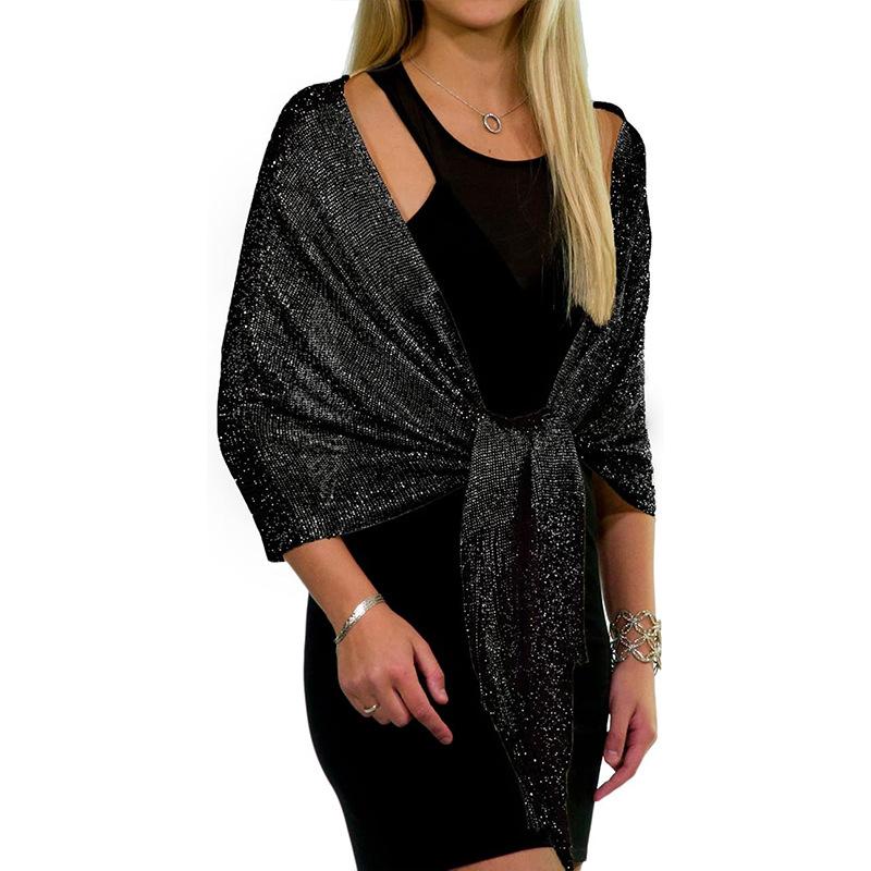 

Fashionable Long Metallic Glitter Scarf with Tassel for Evening Party Dress,Gold and Silver Thread Scarf for Wedding Bridal Wra One Size чёрный