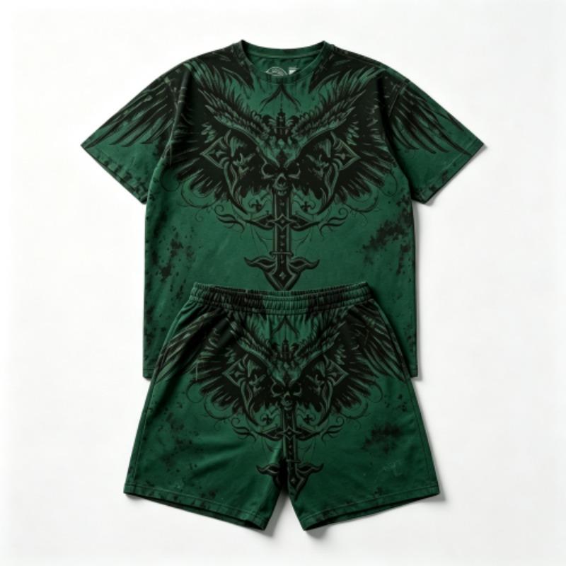 Summer Fashion Y2K Vintage Cross Skull Wings Graphic Printed Round Neck Short Sleeved T-Shirt And Shorts Set Men's and Women's T-shirt Shorts Set