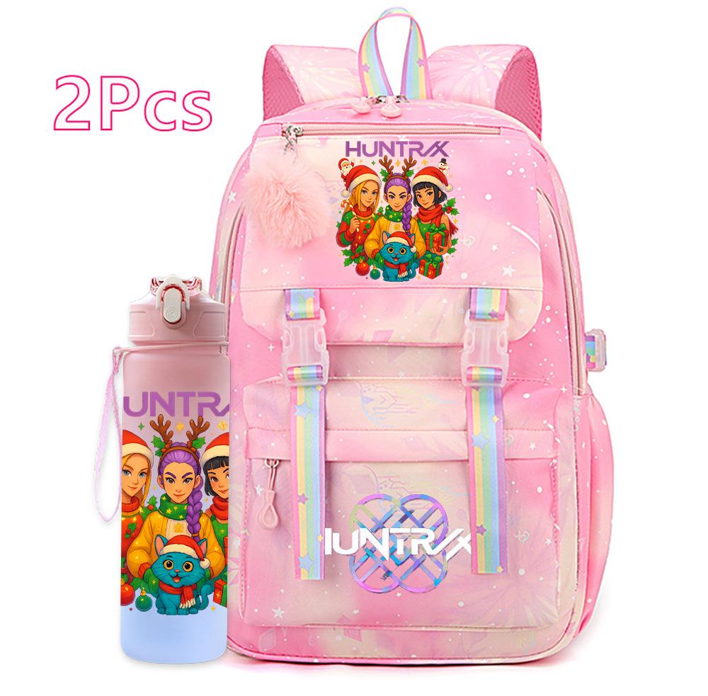 2Pcs/set Christmas K-pop Printed Backpack with 750Ml Water Bottler Large Capacity Travel Bag for Teenager Girl Boy Waterproof Bookbag Kid Gift Rucksak