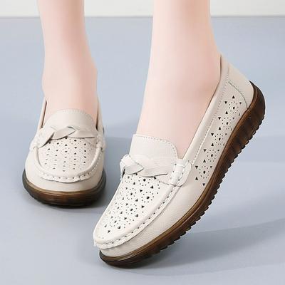 Sapatos Femininos de Couro Vazado de Verão, Sapatos Mocassins Femininos Antiderrapantes de Solado Macio, Sapatos Preguiçosos para Todas as Estações, Sapatos de Couro, PU Feminino