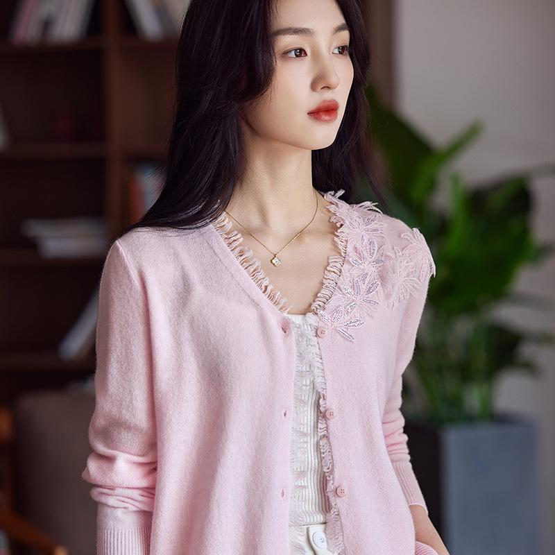 Women's 2025 Tassel Trim Wool Cardigan with French Lace Patchwork