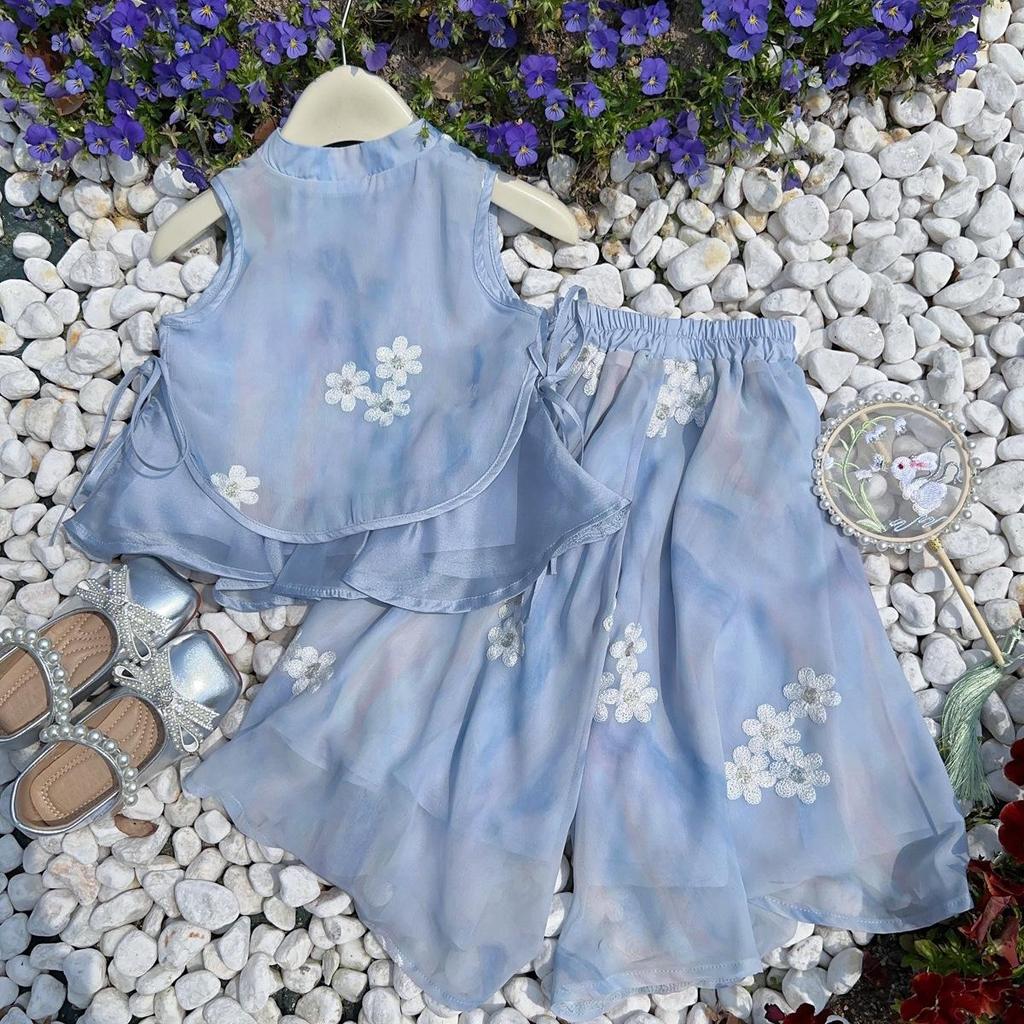 Girls' Summer Hanfu Style Vest & Pants Set - Two-Piece EXB003