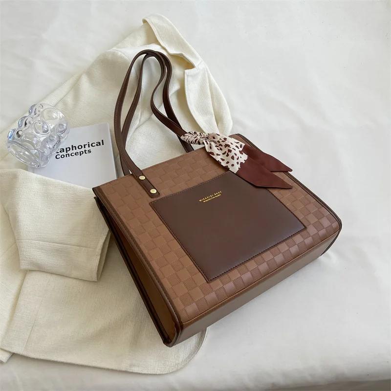 Big Bags Women Totes Fashi Plaid Pattern Ribbs Shoulder Bag Leather Satchels Working Commute Shopping Large Capacity Handbag