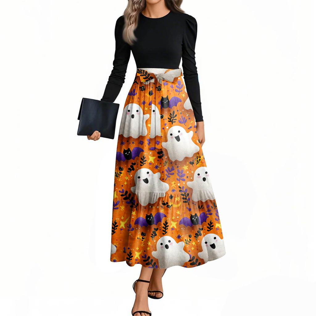 Women's Fashion Casual Belted Long Sleeve Round Neck Halloween Printed Elegant Temperament Dresses