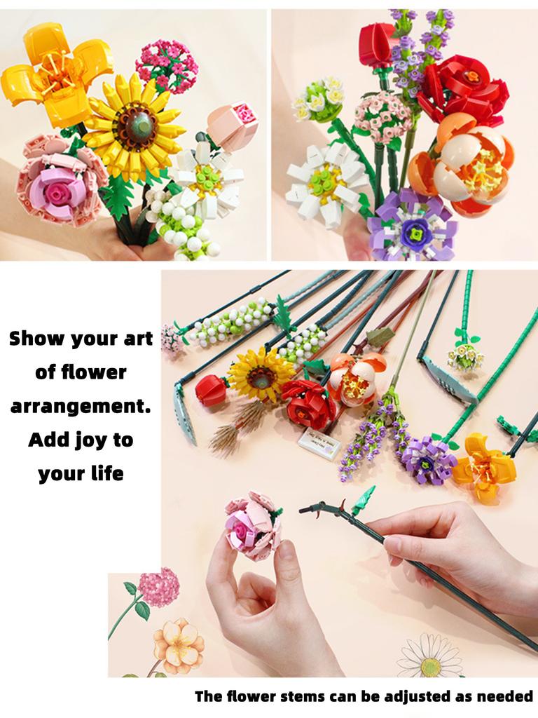 3 Arten von zusammengesetzten Blumenstrauß-Bausteinen DIY Blumenbaustein-Spielzeugset Heimdekoration Feiertagsgeschenk Geburtstagsgeschenk (Vasen nicht enthalten)