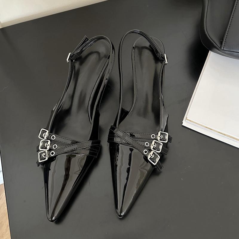 

Fashion SUOJIALUN 2024 Spring New Brand Women Sandal Fashion Buckle Ladies Elegnat Pointed Toe Slip On Slingback Shoes Thin Med Heel Mul 35 чёрный