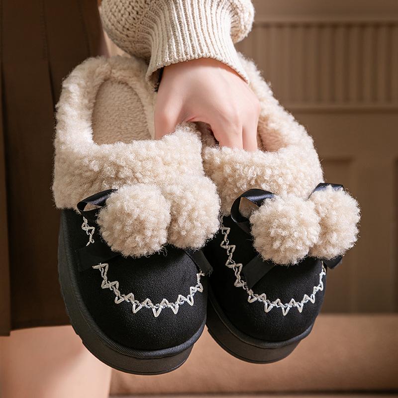Cotton shoes cute hairball 2025 new non-slip thick-soled plush winter cotton slippers household warm plush shoes