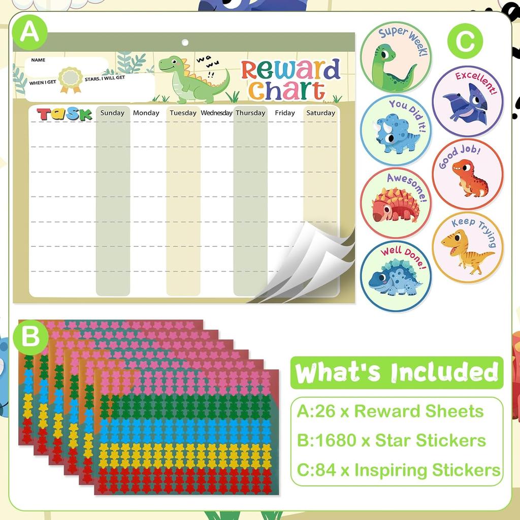 Magnetic Reward Chart for Kids at Home, Behavior Chart Pad with 26 Chore Charts, 1680 Star Stickers, 84 Motivational Stickers to Develop