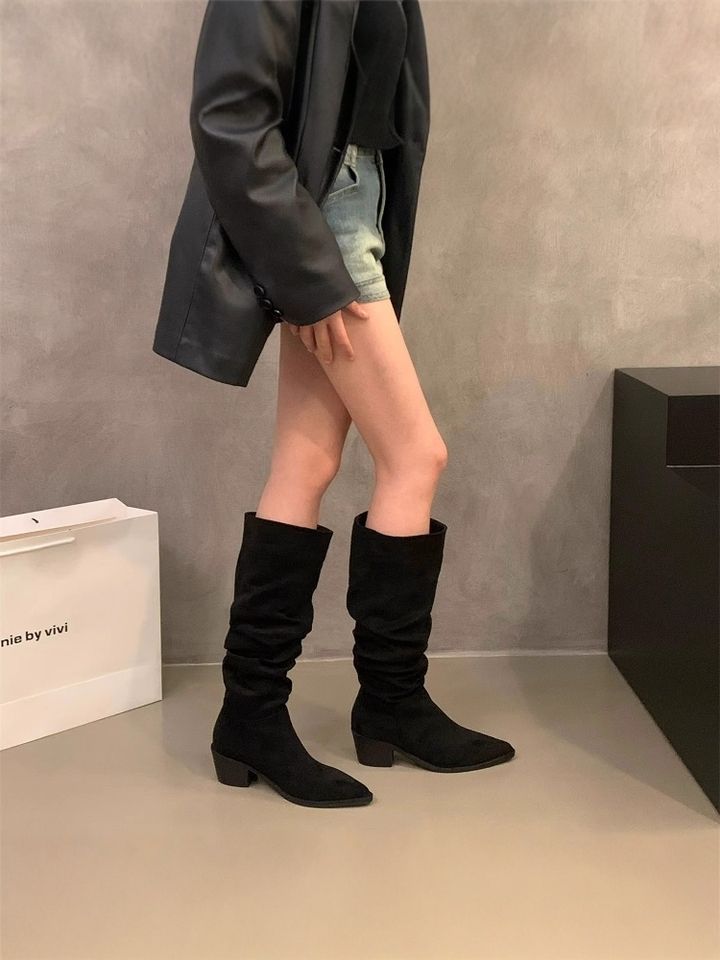 Pointed high-heeled khaki stacking boots women's shoes 2025 new spring and autumn winter thin long knight boots