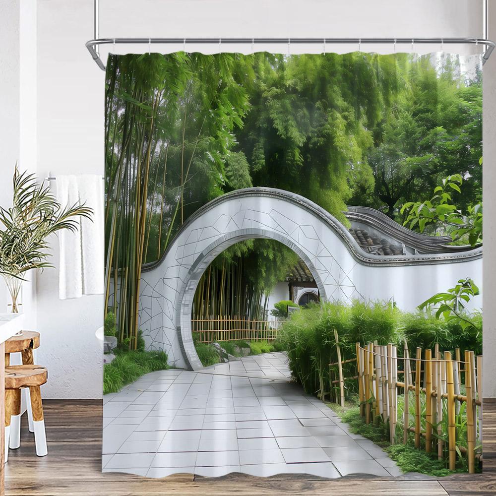 Chinese Courtyard Shower Curtain Arch Door Green Tree Bamboo Yard Path Garden Classical Bathroom Decor Bath Curtain with Hook
