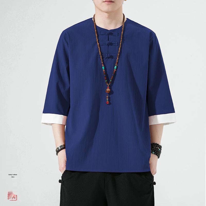Men's Retro Plus Size Cotton Linen Hanfu T-shirt with Frog Button, Three-Quarter Sleeves