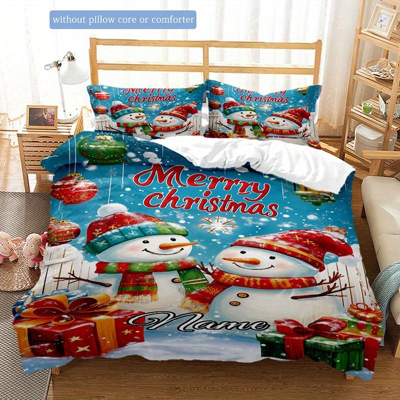 Beautifulchristmastwosnowman Customize Your Name Duvet Cover Soft Bedding Set For Bedroom Guest Room And Dorm Decoration Threepiece Set Includes 1