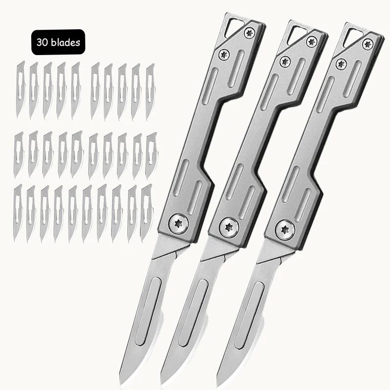 Portable Folding Knife Stainless Steel EDC Keychain Pocket Knife with 10pcs Replaceable Blades Unpacking Craft Cutting Knife Kit