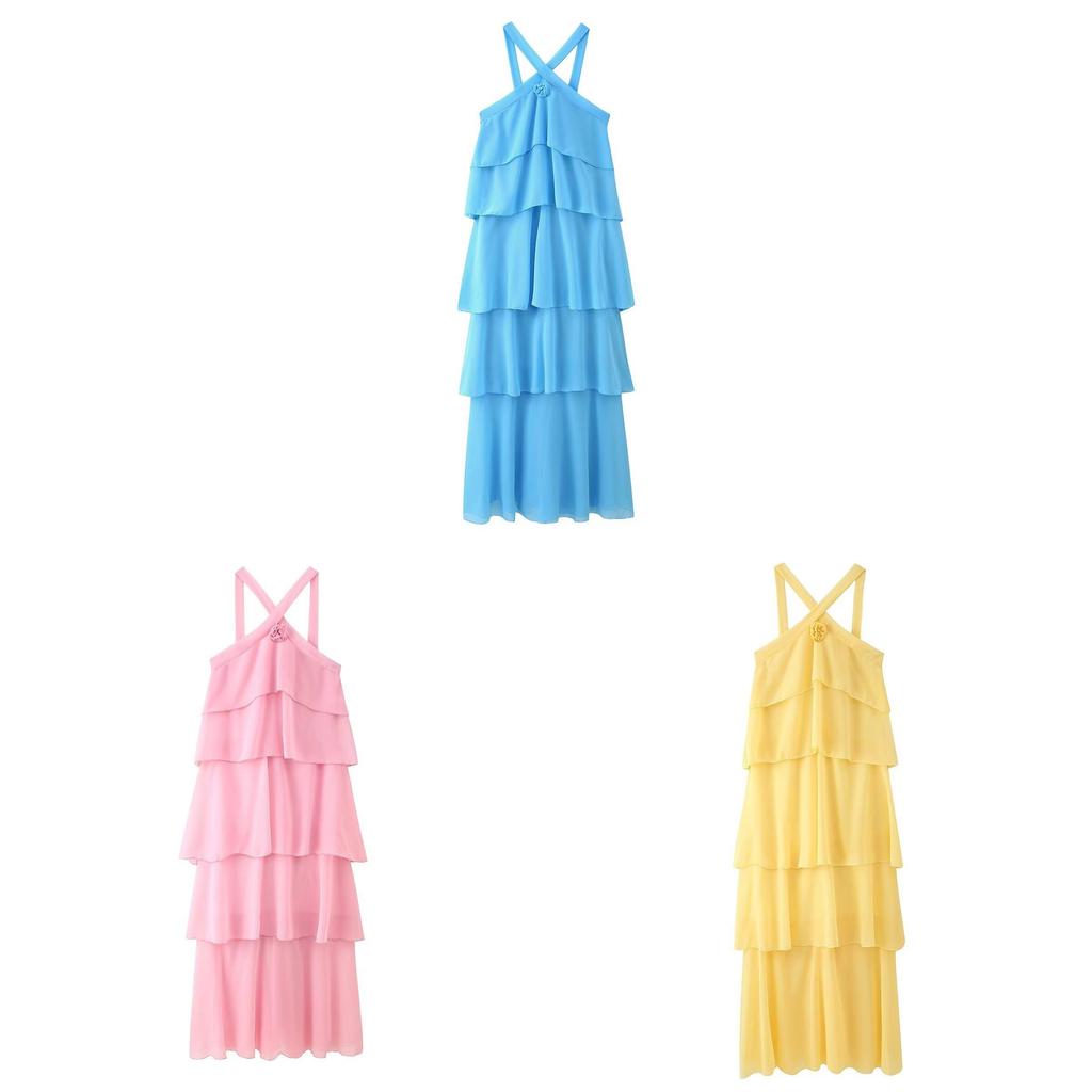 Polyester Floral Embellished Layered Chiffon Dress With Sleeveless Halter Neck For Spring