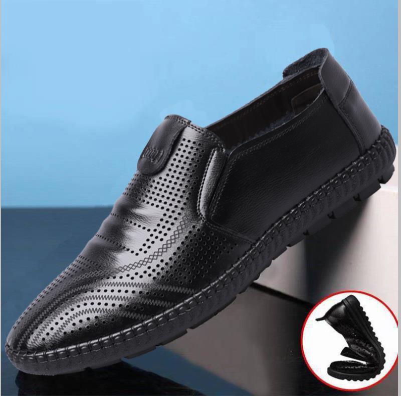 Leather shoes Young men pedal Doudou shoes soft sole hollow mesh breathable men's shoes lazy business casual leather shoes