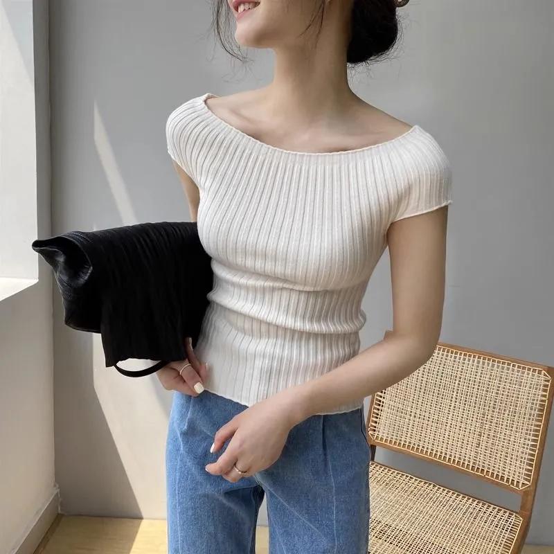 

Women s Black Ribbed Knit Off Shoulder Top Short Sleeve Form Fitted Casual Blouse S белый