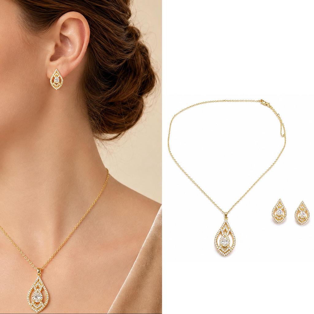 Light Luxury Cubic Zirconia Necklace & Earrings Set - White Tear Drop Pendant, Fashionable Collarbone Chain