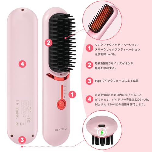 Cordless Heat Brush Straightener with Negative Ion Technology, Anti-Static, Digital Display, Type-C Rechargeable, USB Rechargeable, Ceramic Coating, E