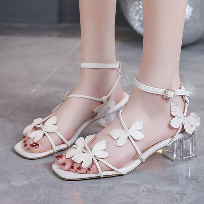 WTEMPO Temperament Ankel Snøresandaler Sommerfugl Gjennomsiktig Hæl Firkantet Tå Elegant Eventyrstil Allsidig Søte Høye Hæler Dropshipping Engros