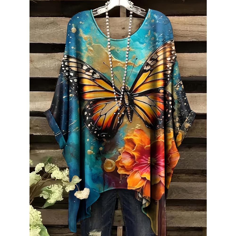 Stor T-shirt för kvinnor med fjärilstryck Sommar Bekväm Lös Rundhals Kortärmad Topp Y2k Mode Street Vintage Kläder