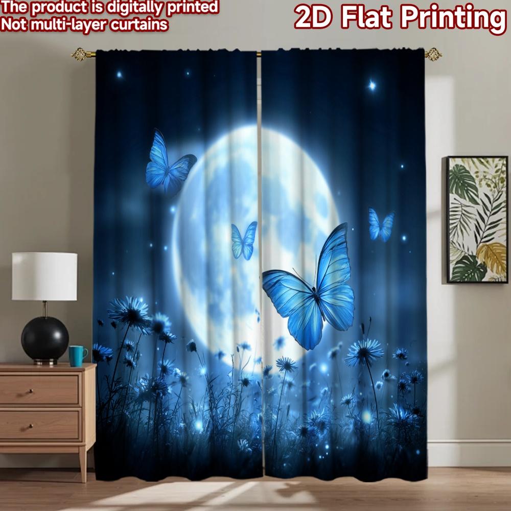 2D flat printing 2pcs Window Drapes Blue Butterflies Moonlit Meadow Digital Printed Polyester Drapes Family Party for Holiday
