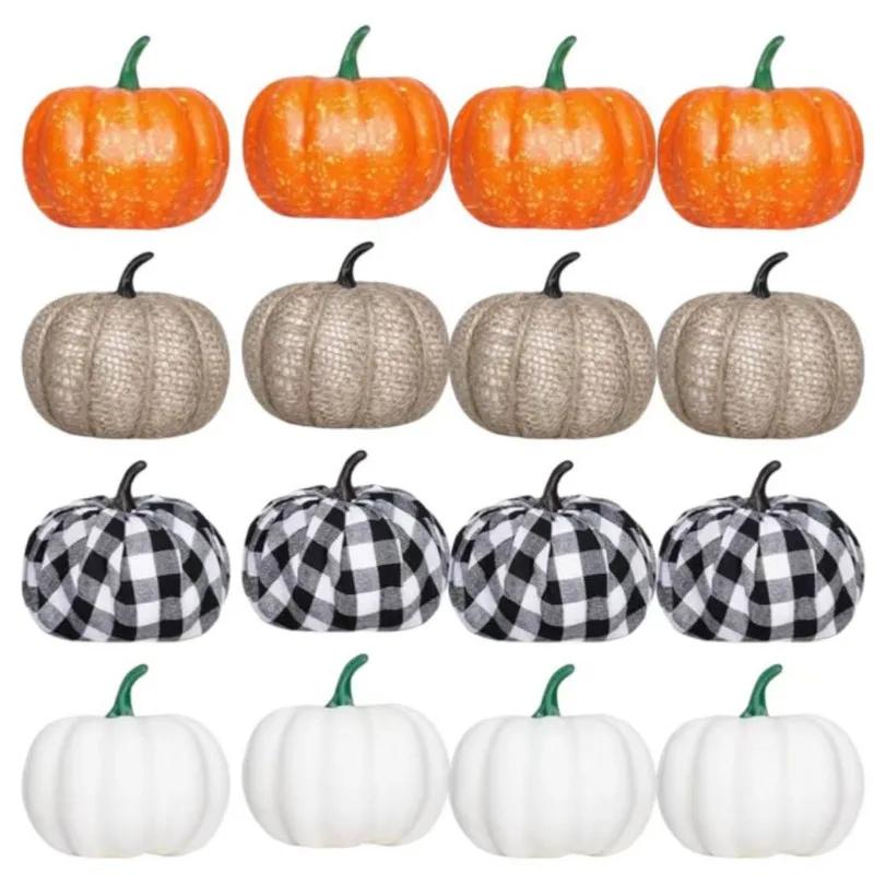 16pcs/set Halloween Foam Pumpkin Decor Set Realistic Checkered Table Centerpiece for Kitchen Fall Harvest Display Photo Props