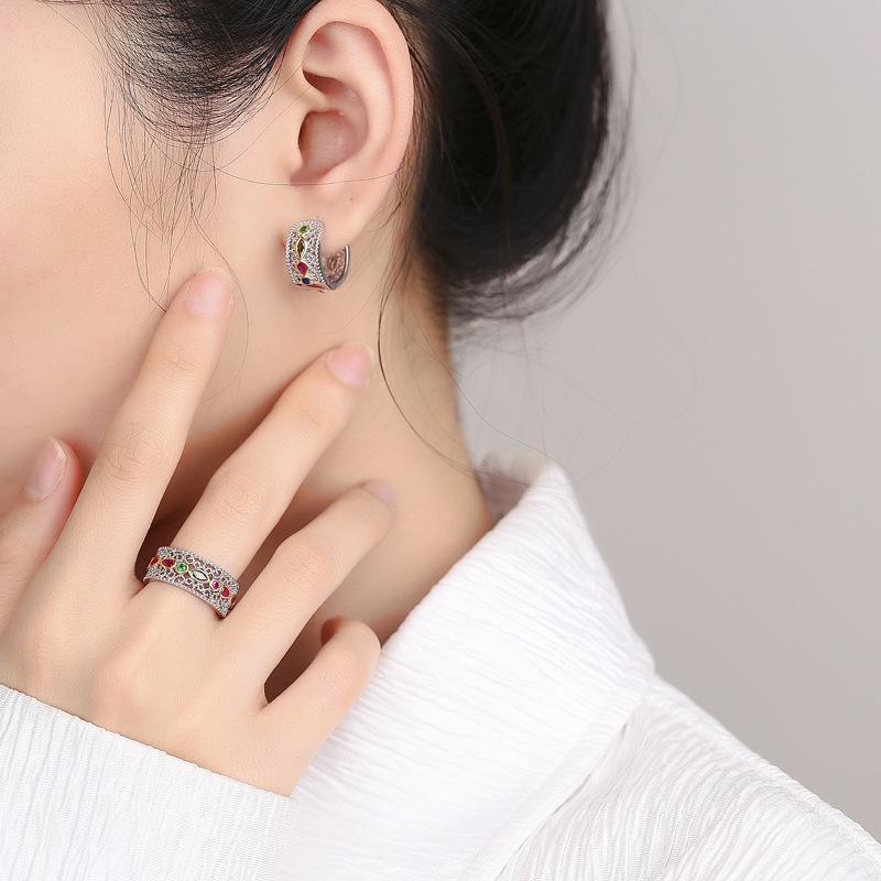 S925 Sterling Silver Retro Court Lace Colored Zirconium Open Ring Girl Niche Design High-End Simple Ring