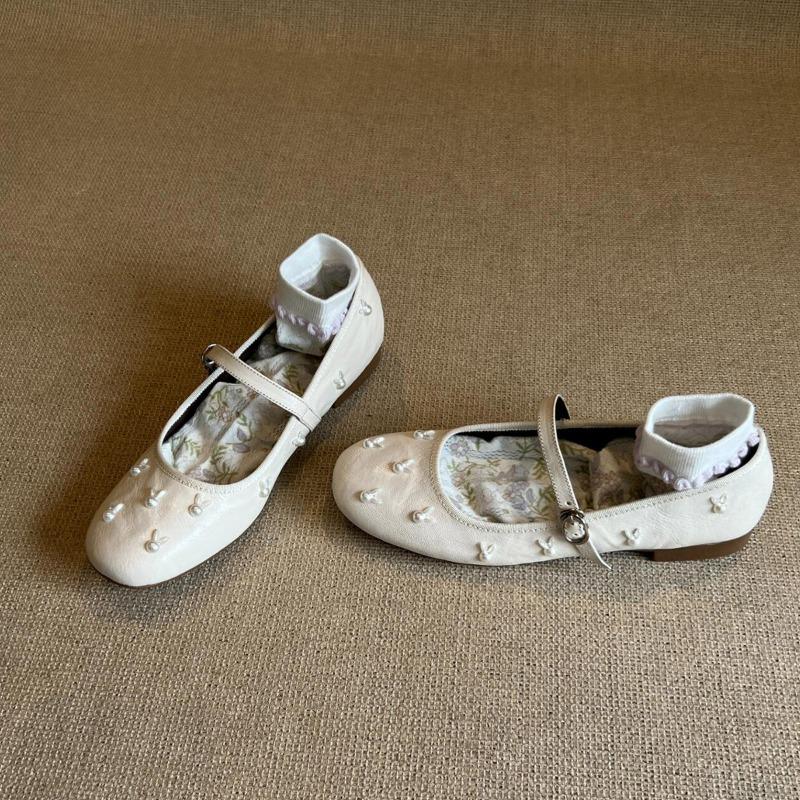 Sheepskin version~ Pearl rabbit word with Mary Jane shoes women's retro shallow mouth leather flat shoes
