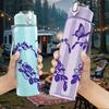 1PC Purple Floral Wreath Heart 750ml Color Plastic Sports Water Bottle Leakproof Flip Straw Lid Suitable for Sports Office Home Use