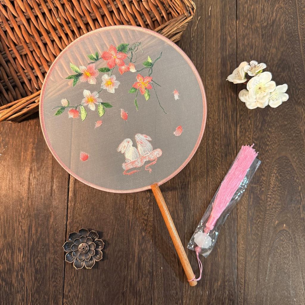 Traditional Chinese Style Round Fan, Chinese Style Suzhou Embroidery Double-Sided Embroidery, Pink Fairy Fan, Embroidery Craft Fan, Dance Fan, Hanfu