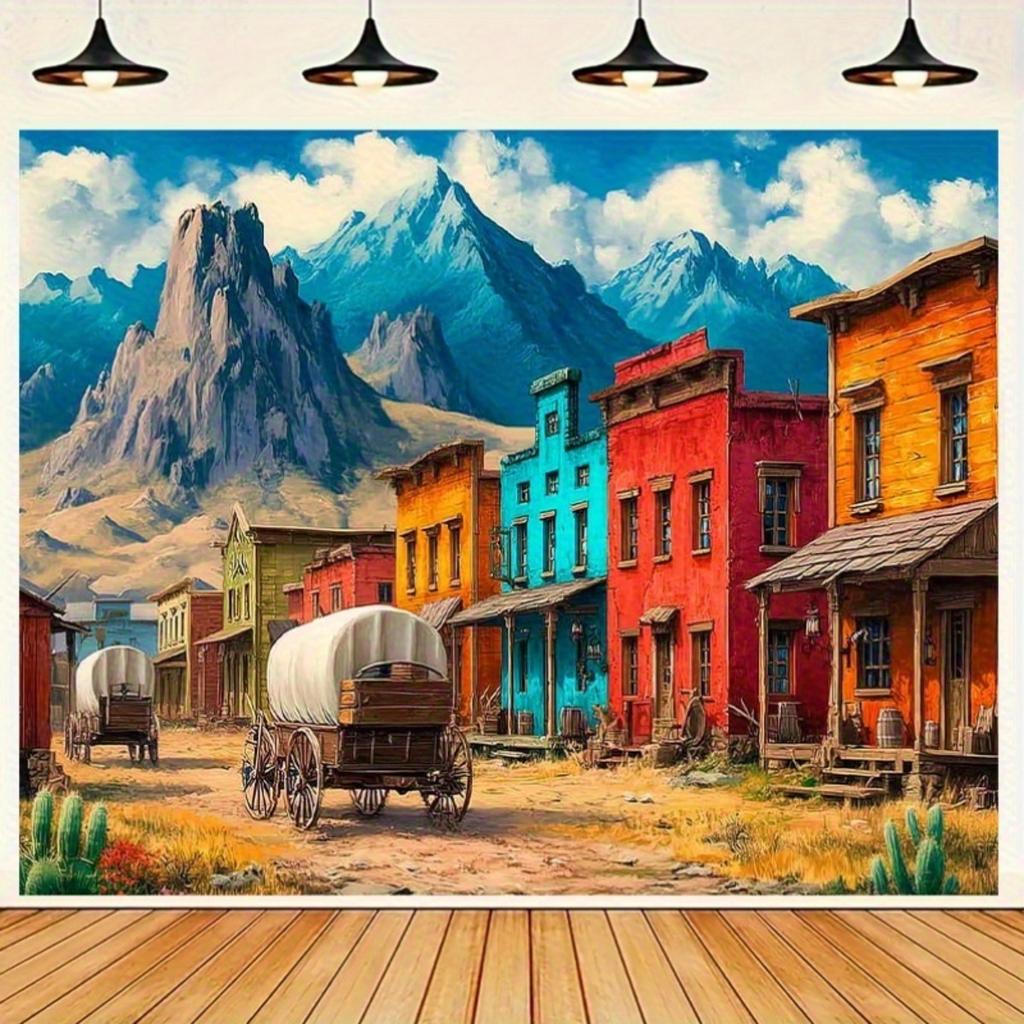 1pc Vintage Western Town Tapestry Reusable Polyester Wall Hanging with HandStitched Edges FadeResistant AntiWrinkle Fabr