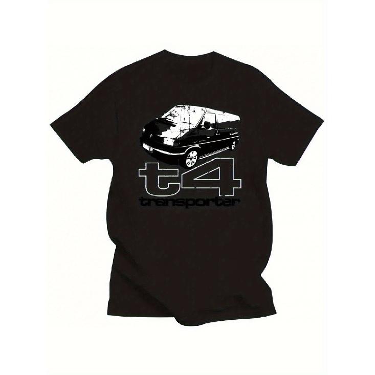 Men'S T4 Transporter Graphic Tee - Black Featuring a White Car Design, Casual Short Sleeves, Crew Neck, Ideal for Any Season, Stretchy Material,