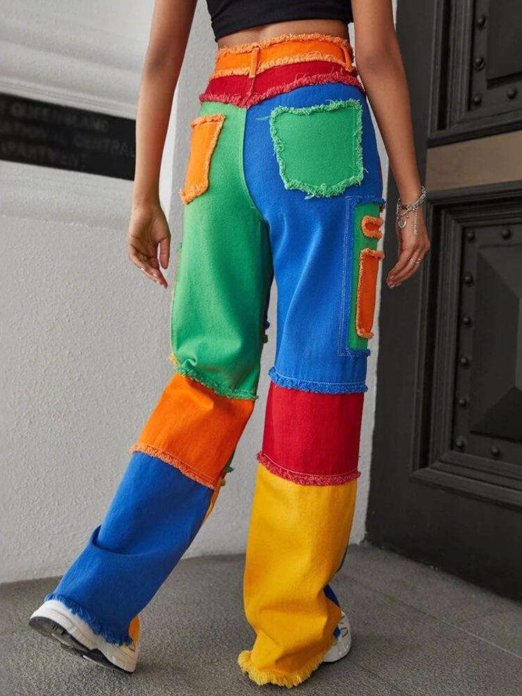 2026 Spring/Summer Women's Colorful Patchwork High Waist Straight Jeans