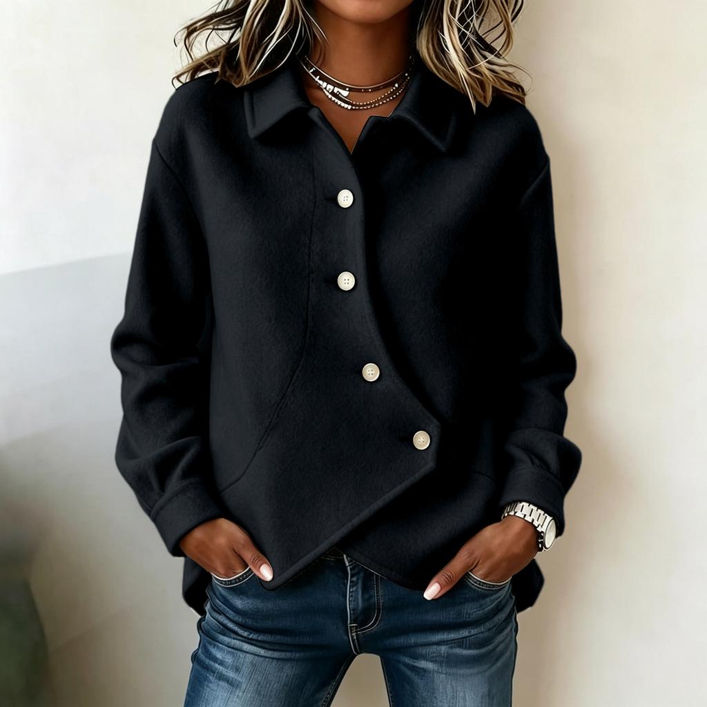 Women's collared button-down design solid-colored wool coat top