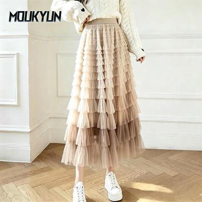 Gonna lunga a forma di torta gonfia in rete stile coreano autunnale Gonna elegante in tulle di garza a vita alta con elastico in vita vintage