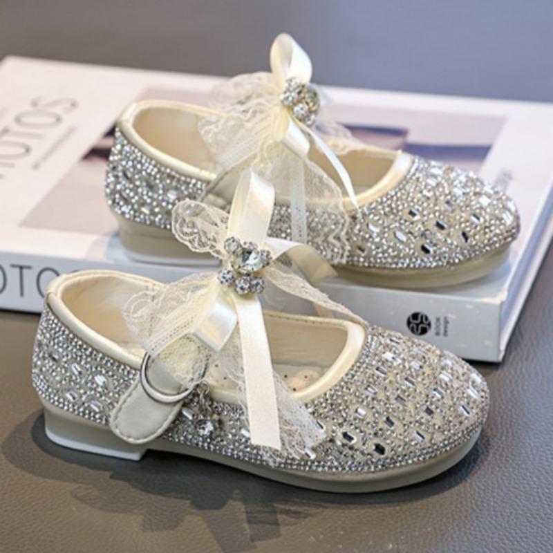 Girls Silver Crystal Princess Leather Shoes Kids Spring Fashion Flat Shoes Children Dress Shoes for Performance