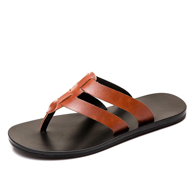Men's Summer New Sandals and Slippers Men's Leather Sandals Adult Breathable Beach Shoes Non-slip Open-toe Leather Sandals Flat