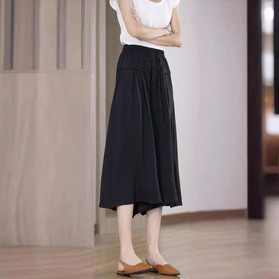 Women Cropped Pants Solid Color Wide-Leg Elastic Waist Casual Trousers with Pockets Loose Fit Pants Daily Wear