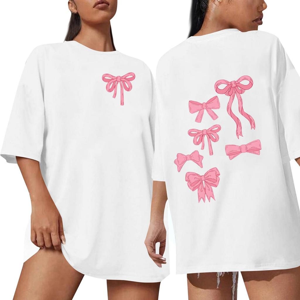 Women's Round Neck Short Sleeved Bow Printed Top