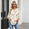Women's Floral Print 3/4 Sleeve Round Neck Pleated Top Casual Loose Fit Blouse Lightweight Soft Fabric Shirt for Daily Wear
