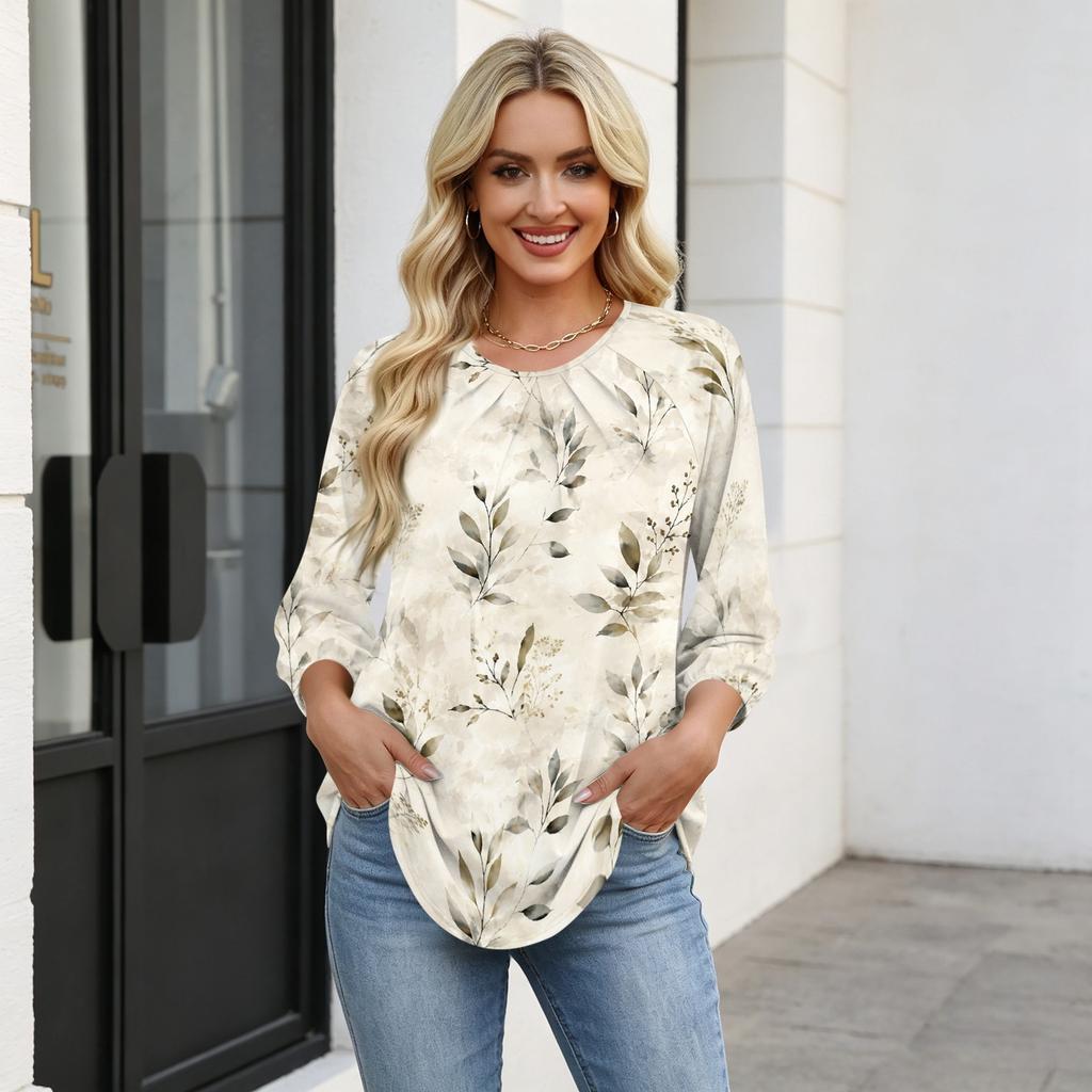 Women's Floral Print 3/4 Sleeve Round Neck Pleated Top Casual Loose Fit Blouse Lightweight Soft Fabric Shirt for Daily Wear