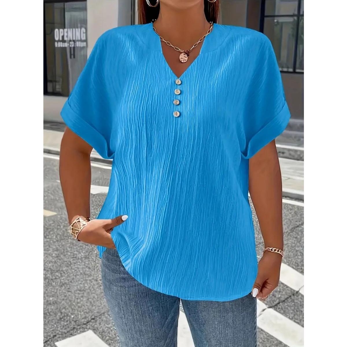 

Женская футболка больших размеров на все четыре сезона с короткими рукавами и пуговицами, однотонная, элегантная и модная, в стиле кэжуал 5XL небесно-голубой