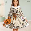 Girls Furry Trim High Neck Long Sleeve A Line Flared Hem Ghost Pumpkin Floral Printed Dress