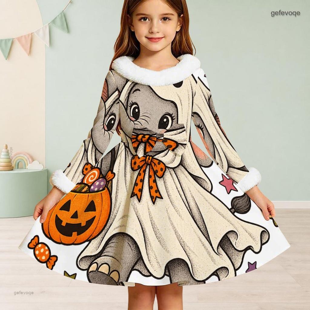 Girls Furry Trim High Neck Long Sleeve A Line Flared Hem Ghost Pumpkin Floral Printed Dress