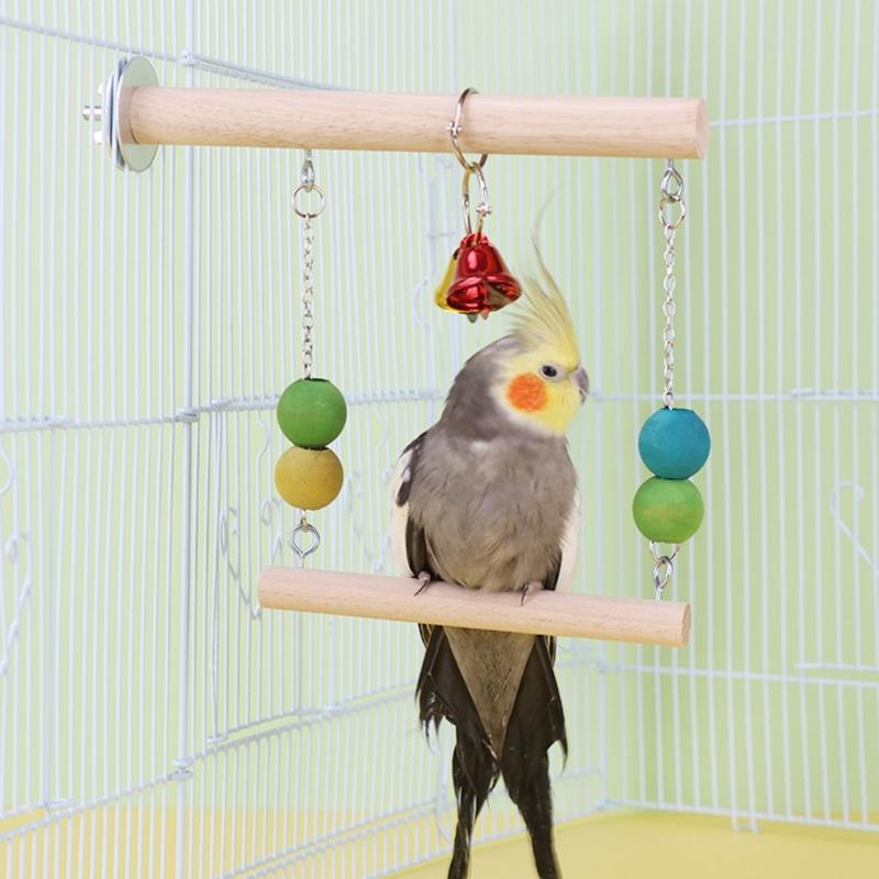 Parrot Cage Hammock Swing Colorful Beads Swing Standing Supplies Wooden Bridge with Bells Parrot Standing Supplies