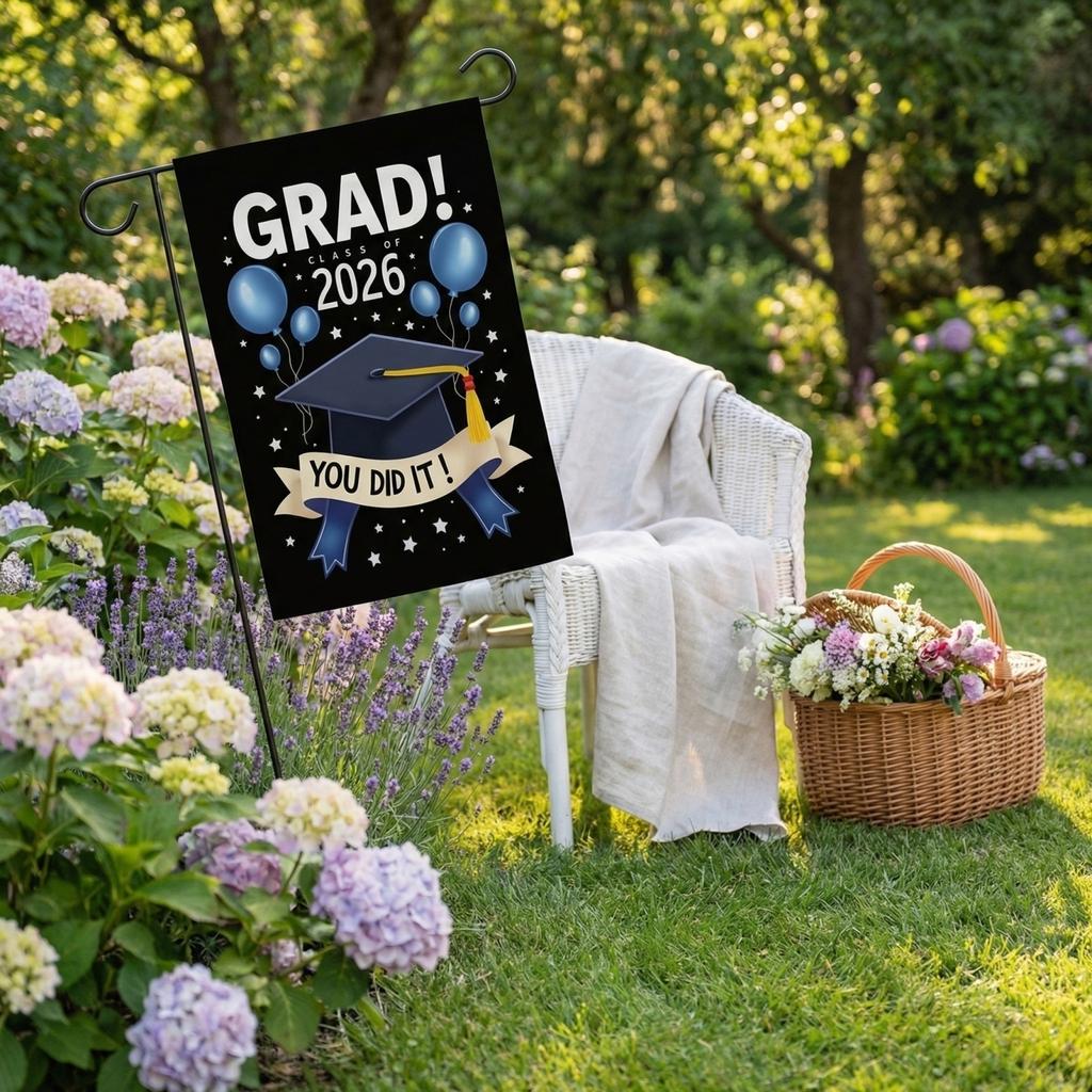 Graduation Garden Flags, Campus Graduation Party Decorations, Hanging Flags, Garden Flags