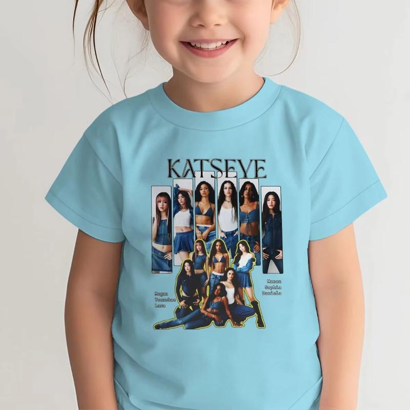 New Children's Summer Pure Cotton Short-Sleeve KATSEYE Girls' Printed Casual Round Neck Comfortable T-Shirt, Boys' Girls' Tops